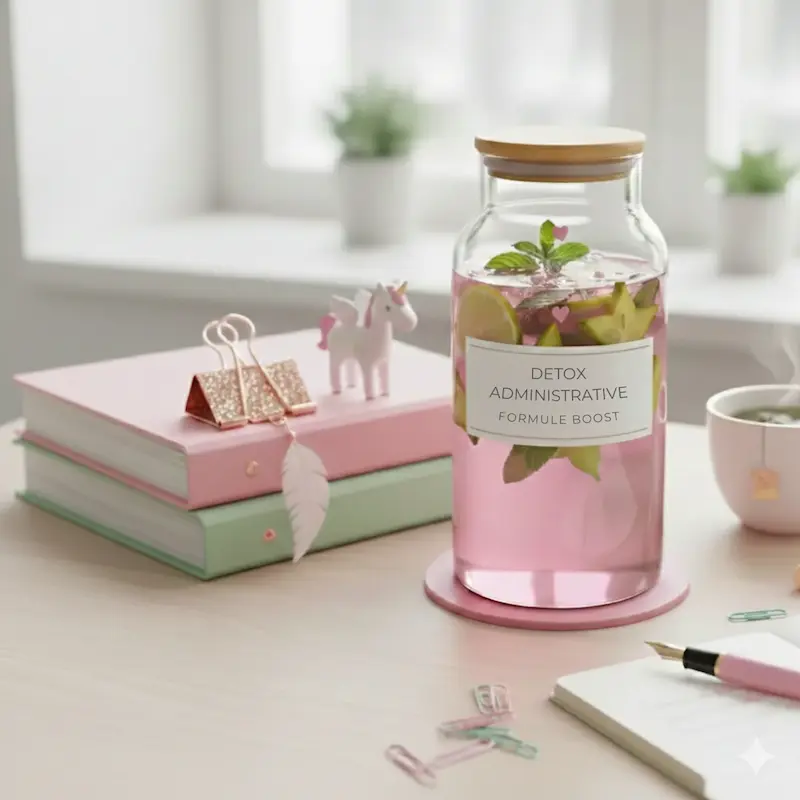 Bureau épuré style détox avec boisson vitaminée rose, carnet et stylo, illustrant les services de détox administrative à Annecy.