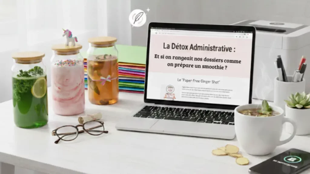 Bureau d'assistante administrative à Annecy avec boissons détox, ordinateur portable et décoration licorne pour illustrer l'organisation de bureau.