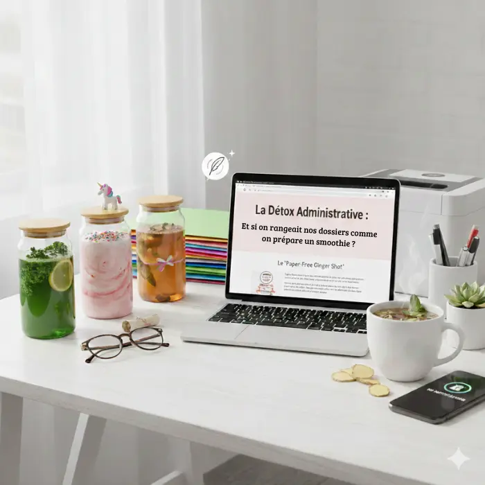 Bureau d'assistante administrative à Annecy avec boissons détox, ordinateur portable et décoration licorne pour illustrer l'organisation de bureau.